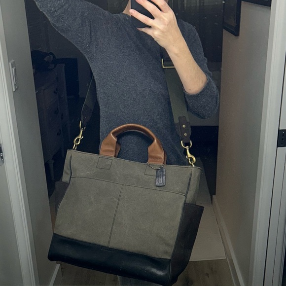 Coach 70945 Bleeker Canvas Utility Tote Olive Canvas Black Leather Brown Suede - Picture 8 of 14